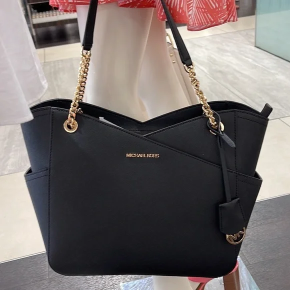 Michael Kors Jet Set Travel Large Chained Tote Shoulder Bag MK Black NWT